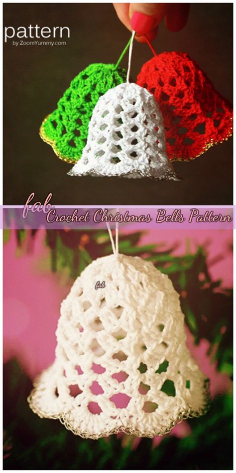 Crochet Christmas Bells Free Pattern-Video Crocheted Christmas Ornaments Bells, Crocheted Bells Free Patterns, Crochet Christmas Bells, Bells Ornaments, Crochet Christmas Ornaments Free, Crochet Puff Flower, Chirstmas Decor, Christmas Crochet Patterns Free, Crocheted Christmas