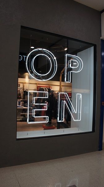 OPEN Neon Store Sign, Retail Window Signage, Neon Window Display, Shopfront Design Retail, Minimal Store Design, Retail Storefront Design, Store Signs Ideas Retail, Store Sign Ideas, Window Graphic Design Store Fronts