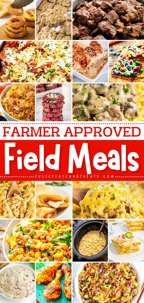 Tons of inspiration for field friendly meals that will feed your hungry farmers through the spring and fall. The best part, these are all tested by a farm family and given their approval. Everything from sliders, casseroles, sandwiches and more! Meals That Feed A Lot, Easy Handheld Meals, Dinners For Farmers, Farmer Approved Tractor Meals, Easy Farm Field Meals, Harvest Meals To Take To The Field, Lunch Ideas For Farmers During Harvest, Farming Meal Ideas, Farmer Friendly Meals