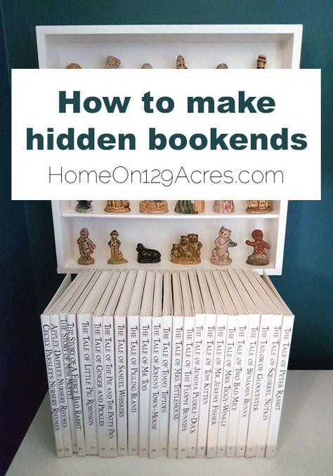 How to make hidden bookends | Home on 129 Acres How To Make Bookends, Staircase Books, Diy Bookends, Story Tale, Benjamin Bunny, Love Of Reading, Out Of Space, What To Use, Studio Decor