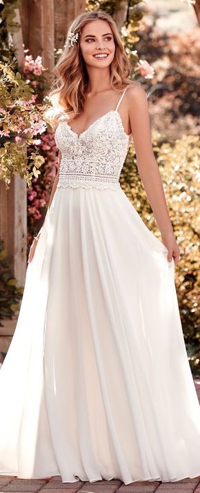 Wedding dress by Rebecca Ingram from Maggie Sottero. Chiffon boho-inspired wedding dress features a sheer bodice accented in beaded lace atop an Aria Chiffon skirt. A V-neck, V-back, and beaded spaghetti straps complete this sheath gown. Finished with crystal buttons and zipper closure. #weddingdress #weddingdresses #bridalgown #bridal #bellethemagazine #rebeccaingram #rebeccabride Sheath Bridal Gown, Rebecca Ingram, Beach Bridal, Used Wedding Dresses, Dress Chiffon, Maggie Sottero, A Wedding Dress, Chiffon Skirt, Dress Picture