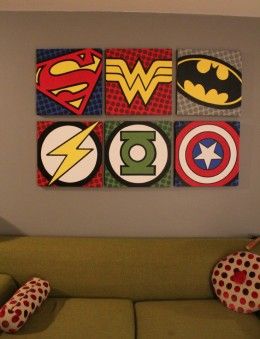 Something like this except with rescue Bots for the boys??? DIY Super Hero Kids Bedroom Super Hero Room, Superhero Room, Geek Decor, Metal Tree Wall Art, Green Lantern, Mini Canvas, Art Plastique, Boy's Room, Acrylic Painting Canvas