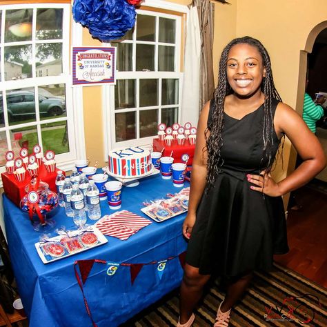 KU College Send Off Party | CatchMyParty.com Ku Graduation Party, College Send Off Party Ideas, College Send Off Party, Graduation Party Inspiration, Graduation Songs, Farewell Party, Graduation Party Ideas, College Colors, Farewell Parties