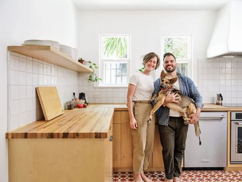 family-portrait-in-kitchen 1930s Kitchen Remodel, Long Galley Kitchen, 1930s Kitchen, Galley Kitchen Layout, Cement Tile Floor, Kitchen Floor Plan, Spanish Revival Home, Waterfall Island, Plywood Kitchen