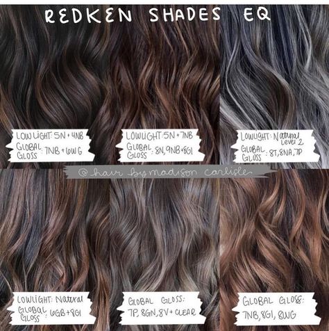 Formulas for brunettes for lives in color: @redken shades EQ 1. Ride or Dye Equal Parts- 5N + 7NB —I used this formula for most root… | Instagram Light Chocolate Brown Hair Color, Level 7 Hair Color, Redken Color Formulas, Light Chocolate Brown Hair, Brownish Red Hair, Formula Chart, Redken Hair Color, Chocolate Brown Hair Color, Redken Hair Products