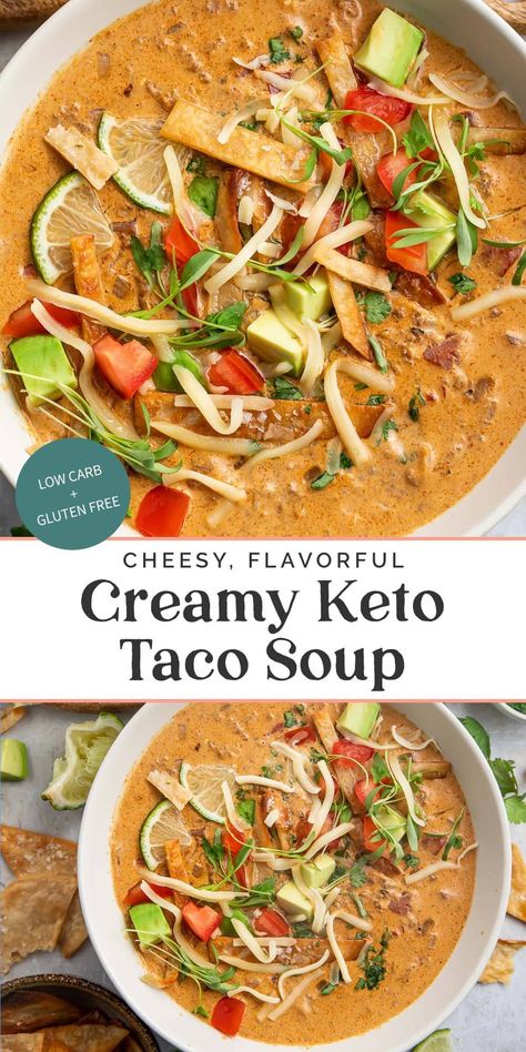 This ultra delicious keto taco soup is as easy as it is rich and flavorful! Super low in carbs but high in flavor, this Mexican soup is simple but filling and makes perfect leftovers. One of our very favorite keto recipes for sure! Keto Cream Soup, Keto Creamy Beef Taco Soup Crock Pot, Keto Chicken Tortilla Soup Low Carb, Keto Mexican Soup Recipes, Optavia Taco Soup Recipe, Keri Taco Soup, Keto Tortilla Soup, Low Carb Soups And Stews Simple, Taco Soup Low Carb