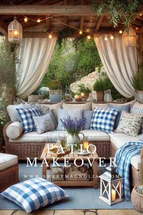 Get inspired with The Ultimate Guide to Patio and Backyard Makeover Decor. Elevate your outdoor living area with creative decor ideas and expert design tips! #interiordesign #patiodecor Blue And White Patio Ideas, Backyard Cozy, Lanai Decorating, Cabin Patio, Pool Paradise, Cozy Balcony, Small Outdoor Patios, Creative Design Ideas, Farmhouse Patio