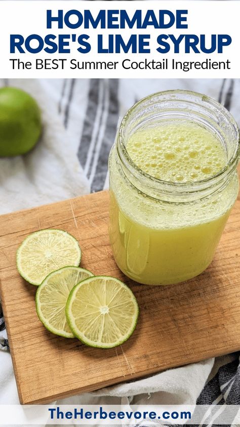 This Homemade Rose’s Lime Syrup is great for making cocktails at home! 3 easy ingredients will jazz up any cocktail, margarita, or gin gimlet. Sweet Tart Tangy Bright Citrusy Made with 3 Ingredients Great for gin gimlets, margaritas, or any cocktail with simple syrup. DIY lime cordial syrup is delicious! Making your own is incredibly easy and only takes a few ingredients. Lime Cordial Recipe, Lime Juice Margarita, Lime Juice Recipes, Lime Syrup, Gin Gimlet, Cocktail Margarita, Cordial Recipe, Best Summer Cocktails, Cocktails At Home