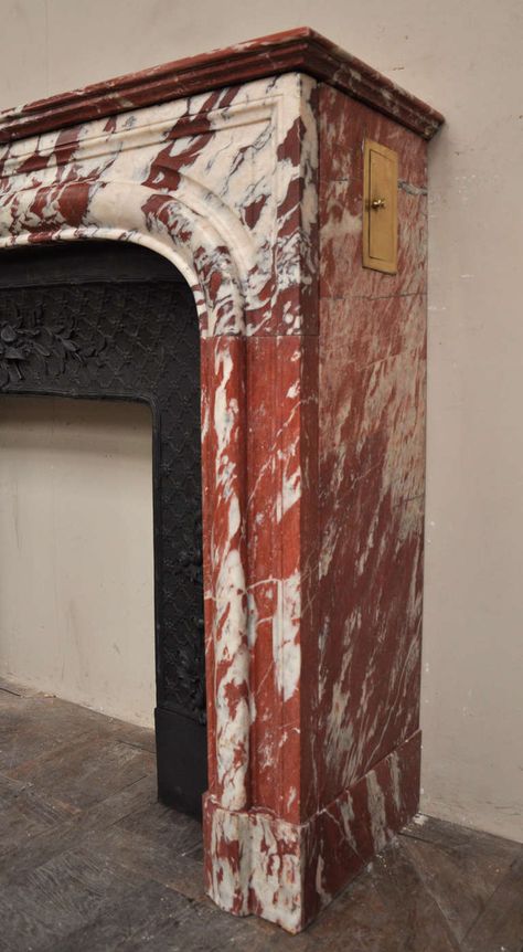 Antique Louis XIV Style Fireplace in Red Marble from Languedoc, France image 6 Red Stone Fireplace, Brown Marble Fireplace, Pink Marble Fireplace, Vintage Style Fireplace, Red Marble Fireplace, Red Marble Kitchen, Red Fireplace, Red And White Marble, White Fireplace Surround