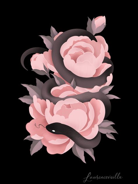 Flower Snake Tattoo, Snake And Flower Tattoo, Snake Back Tattoo, Flower Tattoo Stencils, Snake Flower, Snake Drawing, Snake Wallpaper, Modern Graphic Art, Gothic Wallpaper