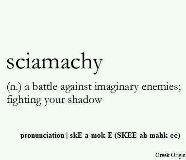 Sciamachy (n) A Battle Against Imaginary Enemies; Fighting Your Shadow... One Sentence Quotes, Honeymoon Avenue, Uncommon Words, Fancy Words, Weird Words, Unusual Words, Rare Words, Word Definitions, Words To Use