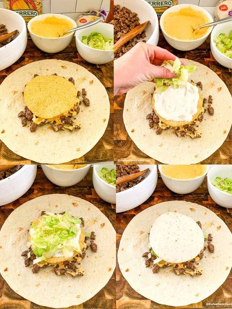 Blackstone Burger Wrap, Black Stone Griddle Crunch Wrap, Crunch Wraps Taco Bell, Yummy Blackstone Recipes, Black Stone Crunch Wrap Supreme, Crunch Wrap Supreme Recipe Blackstone, Crunch Wrap On Blackstone, Wraps On The Blackstone, Beef Crunch Wrap Supreme