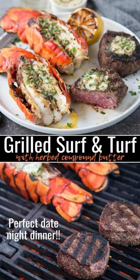 Date Night Grilling Recipes, Surf And Turf Birthday Party, Surf And Turf Grill Recipes, Surf And Turf Bbq, Filet Mignon Surf And Turf, Surf Turf Dinner Recipes For, Surf And Turf Dinner Party, Grilled Surf And Turf, Surf Turf Dinner