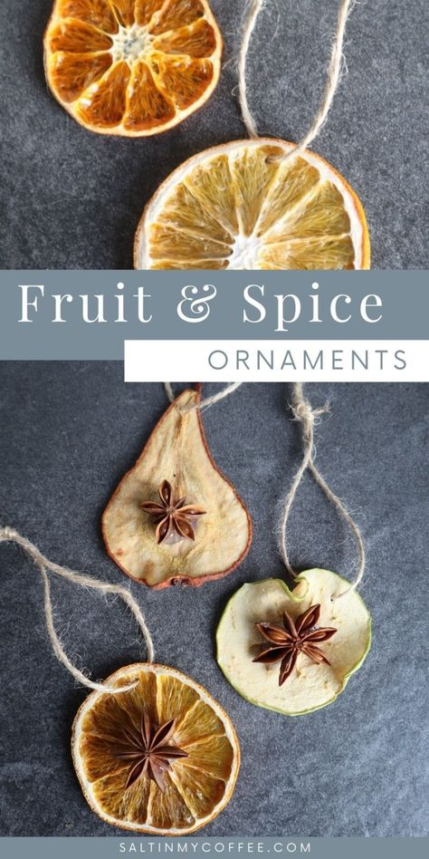 Simple Dried Fruit Slice Ornaments - Salt in my Coffee Fruit Ornaments Christmas Tree, Star Anise Christmas Decoration, Homemade Yule Ornaments, Natural Christmas Ornaments Diy, Dried Fruit Ornaments, Pear Ornaments, Natural Christmas Decorations, Nature Ornaments, Natural Christmas Ornaments