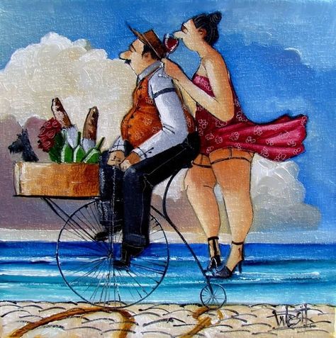 Ronald West Whimsical Art Paintings, Plus Size Art, South African Art, Bicycle Painting, Afrikaanse Kunst, West Art, South African Artists, African Artists, Cycling Art