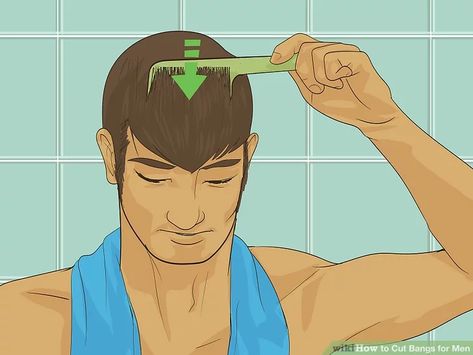 How to Cut Bangs for Men: 13 Steps (with Pictures) - wikiHow How To Style Bangs Men, Bangs On Men, Fringe Bangs Men, Boy Bangs Haircut, Long Fringe Haircut Men, Mens Bangs Haircut, Long Fringe Hairstyles Men, Bangs Men Hairstyle, Fringe Cut Men