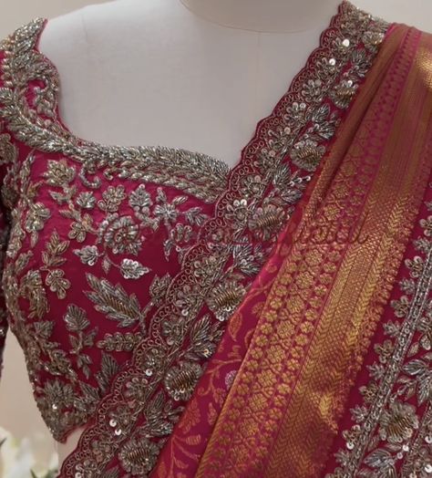 Blouse Designs Brides Wedding, Maggam Work For Pattu Sarees, Maggam Work Borders For Saree, Saree Work Border, Maggam Work For Saree Border, Reception Blouse Design, Pink Bridal Blouse, Pattu Saree Border Designs Lace, Pink Bridal Blouse Designs