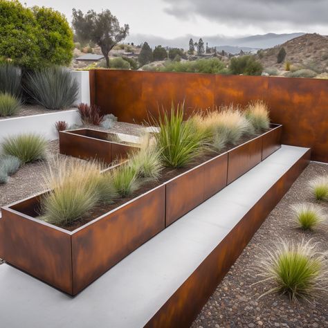 Corten Steel Box Planters – MK Design Elements Corten Steel Landscaping, Corten Fence, Corten Steel Retaining Wall, Corten Steel Garden, Raised Herb Garden, Steel Garden Edging, Land Scaping, Residential Entrance, Box Planters