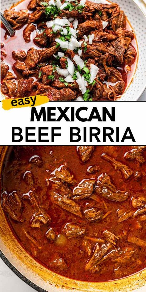 Beef birria or Mexican birria de res is a hearty slow-cooked stew that's packed with incredible flavor and super tender beef. You can enjoy it on its own or whip up some delicious birria tacos! How To Make Birria De Res Recipe, Beef Barrio Tacos, Birria Tacos Recipe Stovetop, Beef Birria Recipe Mexican, Birria Recipe Mexican, Authentic Pozole, Birria Recipes, Barrio Tacos, Diethood Recipes