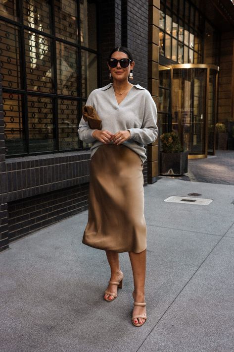 Gwyneth Slip Skirt, Slip Skirt With Sweater, Slip Skirts Outfit, How To Style A Slip Skirt, Brown Slip Skirt Outfit, Midi Slip Skirt Outfit, Satin Skirt And Sweater Outfit, Brown Silk Skirt Outfit, Slip Skirt Outfit Winter