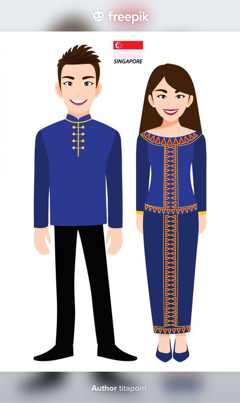 Couple of cartoon characters in singapor... | Premium Vector #Freepik #vector #people #woman #man #character Singapore Traditional Clothing, Singapore Costume, Man Carrying Woman, Couple Cartoon Characters, Thailand National Costume, Fun Walk, Hand Signals, Couple Activities, Vector People