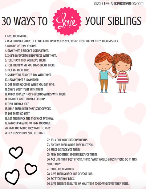 30 ways to help siblings get along - You want to build better relationships between your children. This free printable of simple activities and tips will have your kids loving their brothers and sisters all day long! Relationship Worksheets, Relationship Activities, Ways To Love, Simple Activities, Activities Printable, Sibling Relationships, Confidence Kids, Sibling Rivalry, Bonding Activities