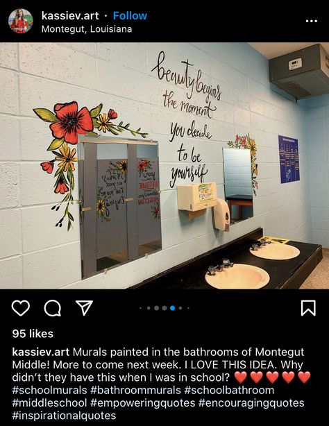 Teacher Bathroom Ideas, Staff Bathroom Ideas, School Bathroom Decor, Inspirational Murals, Bathroom Flip, Club Bathroom, Work Bathroom, School Mural Ideas, Pool Events