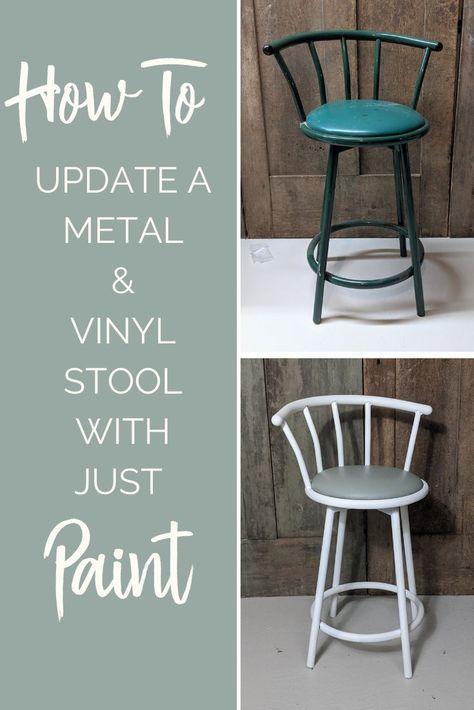 Painting Metal Chairs, Repurpose Nightstand, Vinyl Chairs Makeover, Bar Stool Diy, Painted Metal Chairs, Repurposed Bookshelf, Repurposed Chairs, Silver Bar Stools, Bar Stool Makeover