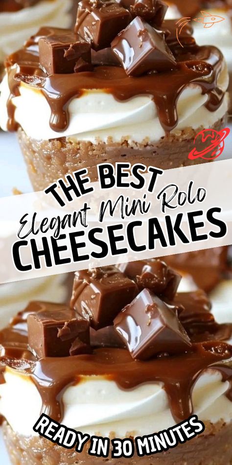 Elegant Mini Rolo Cheesecakes Mini Rolo Cheesecake, Pampered Chef Recipes Desserts, Rolo Desserts, Rolo Dessert, Rolo Cheesecake, Caramel Recipe Easy, Thanksgiving Meals, Homemade Graham Cracker Crust, Mini Cheesecake Recipes