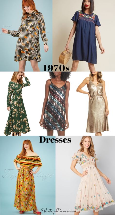 1970s dresses, 70s dresses, 1970s outfits ideas at VintageDancer.com 1970s Fashion Women Dresses, 1970s Fashion Women Outfits, Vintage Outfits 70s Dresses, 70s Dress Disco, History Costumes, 1970s Outfits, 70s Fashion Women, 70s Dresses Vintage, Themed Dresses