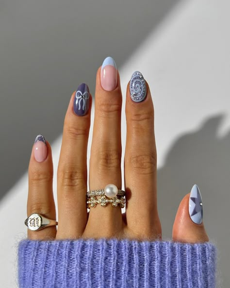 playful sparkly icy blues ✨❄️🌨️🧊✨ rings from @luvaj 🫶 #nails #nailinspo #nailart #naildesign #winternails #autumnnails #bluenails #cateyenails Late January Nails, Snowy Winter Nails, Nails Jan 2025, Winter Color Nails Gel, Pink And Blue Christmas Nails, Pearly Blue Nails, Winter Nail Designs Blue, Blue Nails With Pearls, Blue Nail Designs 2024