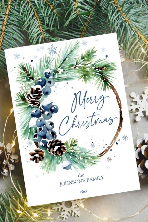 Merry Christmas template holiday greeting card watercolor pine wreath blue winter berries pinecones Merry Christmas Template, Watercolor Lantern, Watercolor Christmas Cards Diy, Watercolor Holiday Cards, Christmas Template, Winter Berries, Template Invitation, Merry Christmas Diy, Christmas Card Art