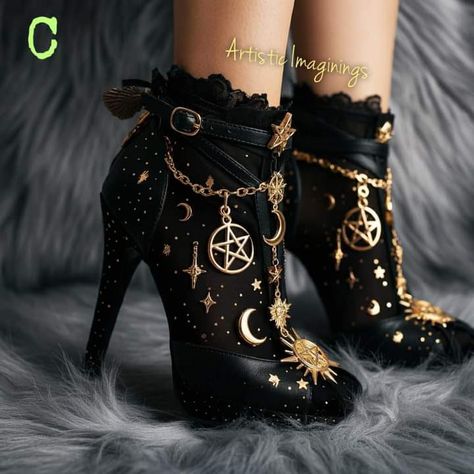 Masquerade Shoes High Heels, Witchy Shoes Modern, Moon Inspired Shoes, Celestial Shoes Wedding, Masquerade Ball Gowns Elegant With Mask, Witch Heel Boots, Crazy Heels, Masquerade Ball Gowns, Punk Style Outfits