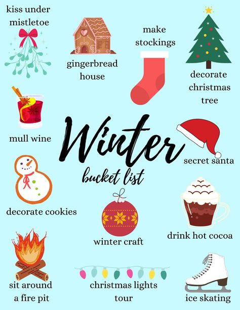 Winter bucket list with twelve activities. Great for couples and families. Hang on your fridge and check off all the items before the season is over! Cute Winter Activities, Fun Things To Do In Winter, Christmas Bucket List For Couples, Winter Ideas Activities, Winter Activities Aesthetic, December Goals, Winter List, Winter Family Activities, Fall List