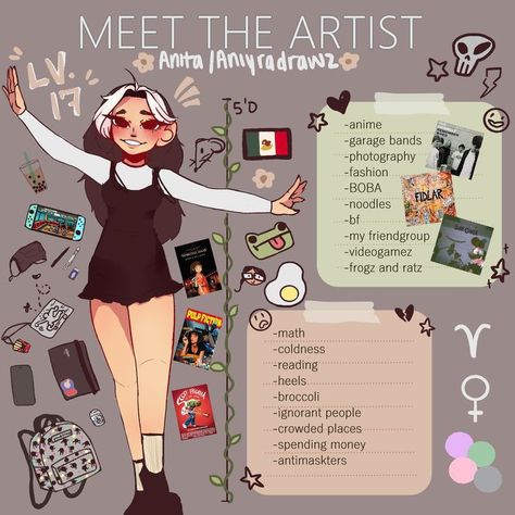 Meet The Oc Drawing, How To Develop Your Own Art Style, Meet The Artist Poses, Meet The Artist Sketchbook, Oc Introduction Drawing, Meet The Artist Ideas, Oc Reference Sheet Character Design, Finding My Art Style, Oc Art Inspiration