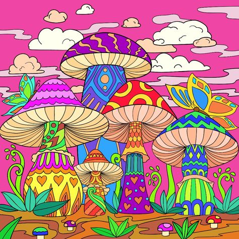 Mushroom art Nature Animation, Mushroom Magic, Unique Drawings, Coloring Apps, Mushroom Art, Zen Doodle, Trippy Art, Funky Art, Retro Art