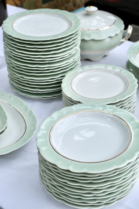 Have you ever seen something as gorgeous as these egg shell green Limoges porcelain plates? An amazing French antique find! #AntiquesInParis #FrenchAntiques #Antique #Brocante #FleaMarket #FrenchAntiqueMarket #Limoges #LimogesPlates #LimogesDishes #EggShellGreenDishes #EggShellGreen #AntiqueLimoges #LimogesPorcelain #ATable #Tableware #TableSettings #Tablescapes #FrenchAntiquePlates #FrenchAntiqueDishes #AntiqueDishes #AntiquePlates Green Tableware, Antique Table Setting, Moving To France, Limoges Porcelain Plates, Beautiful Dinnerware, French China, Shopping In Paris, Green Dinnerware, Porcelain Dishes