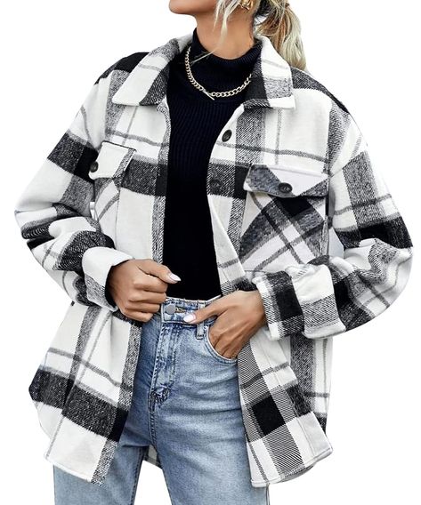 Black White Womens Casual Plaid Shacket Wool Blend Button Down Long Sleeve Shirt Fall Jacket Shackets - AUTOMET Plaid Overcoat, Shacket Outfit, Fuzzy Fabric, Long Sleeve Outerwear, Women Overcoat, Casual Vest, Button Up Long Sleeve, Plaid Jacket, Fall Jackets