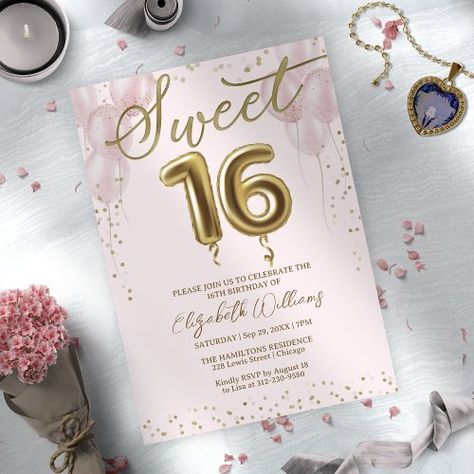 $1.88 | Gold Foil Sweet 16 Birthday Balloons Pink - balloon invitations, confetti, sweet 16 birthday party calligraphy, girls 16th birthday party invitations, trendy sweet 16 invite, personalised sweet 16 invitations, girls 16th birthday, sweet sixteen typography, pink sweet 16 invitations, gold sweet 16 birthday party Pink Sweet 16 Invitations, 16 Birthday Balloons, Pink Sweet 16, 16 Invitations, Balloon Invitation, Sweet 16 Birthday Party, 16 Birthday, Sweet 16 Invitations, 16th Birthday Party