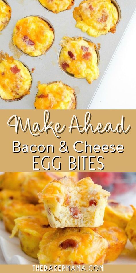 Make Ahead Bacon & Cheese Egg Bites are quick, easy and oh so tasty! Whisk together eggs, salt, milk, cheese, and bacon bits. Fill mini muffin cups, sprinkle with more cheese, and bake until golden. Allow to set before serving. Easy, delicious make-ahead bacon and cheese egg bites for a fuss-free breakfast. Make Ahead Bacon, Mini Breakfast Muffins, Cheese Egg Bites, Easy Egg Breakfast, Egg Cups Breakfast, Mini Breakfast, Egg Bites Recipe, Bacon Egg And Cheese, Bacon And Cheese