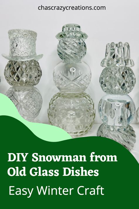 DIY snowman from old glass dishes easy winter craft Snowman Glass Bowl, Glass Vase Snowman, Glass Dish Decor Ideas, Glass Garden Art Diy Creative Ideas, Glass Bowl Christmas Tree Diy, Glass Bowl Snowman Diy, Repurpose Crystal Bowls, Glass Snowman Diy, Diy Glass Christmas Tree