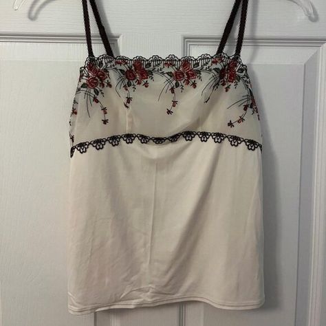 vintage japanese cami Embroidered Tank Top, Embroidered Tank, Brown Trim, Spaghetti Strap Top, Strap Top, Strap Tops, Tank Top Cami, Japanese Style, Vintage Japanese