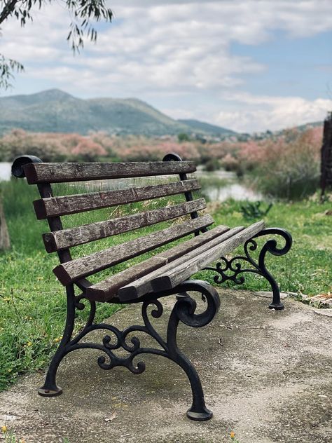 Bike parked on shabby wooden terrace in rural area · Free Stock Photo Old Park Bench, Field And Mountains, Wooden Park Bench, Photo To Watercolor, Old Benches, Park Benches, Grey Benches, Wooden Terrace, Design Fields