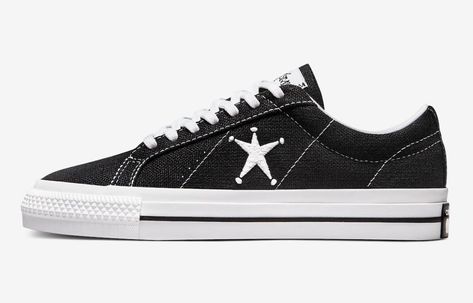 Stussy Converse One Star 173120C-001 Stussy Converse, Converse One Star, Converse Chuck 70, Star Logo, Chuck 70, One Star, Black And White Colour, Black Canvas, Converse Chuck