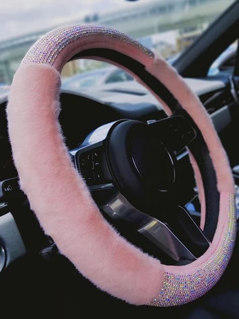 Pink  Collar  Polyester  Steering Wheel Cover Without Inside Circle Embellished   Automotive Interior Accessories Pink Car Inside, Girly Car Accessories Bling, Girly Car Decor, Pink Car Decor, Inside Car Decorations, Fuzzy Steering Wheel Cover, Pink Steering Wheel Cover, Princess Car, Car Wheel Cover