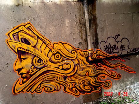 Latino Graffiti Aztec Graffiti, Mexican Murals, Aztec Artwork, Chicano Culture, Mexican Art Tattoos, Dragon Ideas, Graffiti Pictures, Graff Art, Mayan Art