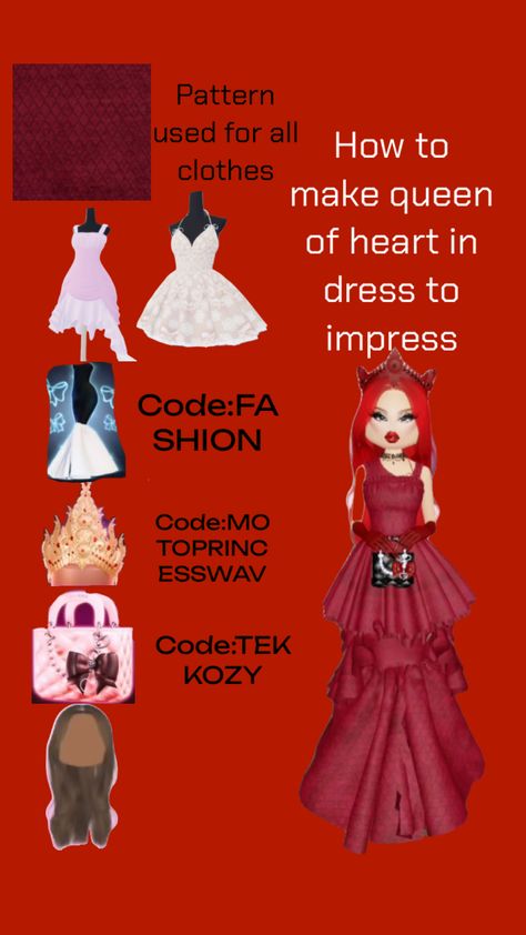 How to make queen of hearts from desendents 4 no vip in dress to impress Audition Outfit, Vip Dress, Queen Dress, Dress Drawing, Heart Dress, Themed Outfits, Queen Of Hearts, Aesthetic Outfits, Cute Dresses