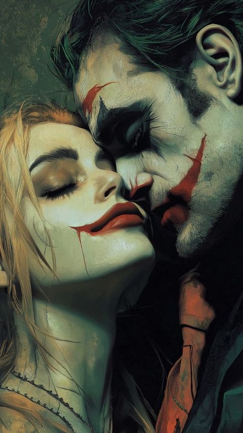 This vivid artwork beautifully portrays Harley Quinn and The Joker in a moment of deep connection, their faces close as they embrace in a soft, yet intense way. The piece uses striking green and red tones, emphasizing their signature clown makeup and chaotic energy. Harley’s closed eyes and serene expression contrast with Joker’s slightly rough, yet intimate posture. The textured brushstrokes and dramatic lighting give the image a layered depth, reflecting the complex emotions between these two iconic characters. Perfect for fans who appreciate the mix of love and madness that defines their twisted relationship. Joker And Harley Comic, Dc Joker Art, Joker And Harley Quinn Aesthetic, Ugly Clowns, Harley Quinn Kunst, Harley And Joker, Harley Quinn And The Joker, Joker Illustration, Harley Quinn Illustration