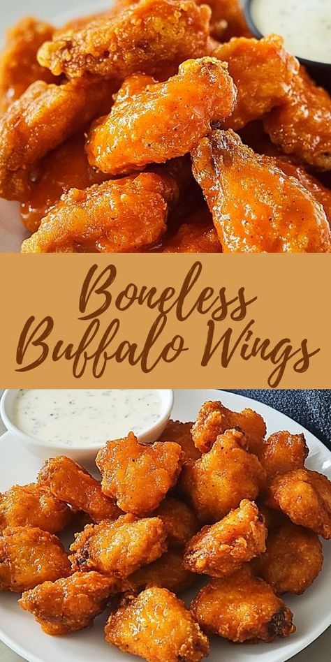 🔥 Spice up your snack game with these easy boneless buffalo wings! Crispy, juicy chicken bites coated in a tangy buffalo sauce – perfect for game day, parties, or just because! 🏈 Serve them with ranch or blue cheese dip for an irresistible treat that everyone will devour. Ready in minutes and absolutely delicious! #BuffaloWings #GameDayFood #ChickenRecipes #SnackTime #PartyFood 🍗 Buffalo Chicken Sauce Recipe, Boneless Buffalo Wings Recipe, Boneless Buffalo Chicken Bites, Boneless Buffalo Wings, Buffalo Chicken Wing, Wings Crispy, Buffalo Wings Recipe, Buffalo Chicken Sauce, Boneless Chicken Wings