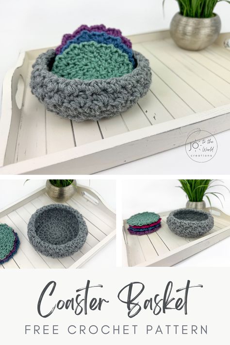 Upgrade your home decor and keep your coasters organized with this Free Crochet Pattern for Coaster Holder Basket. This simple and speedy crochet pattern creates a functional and stylish solution for displaying your coasters in a charming way. Crochet Coasters With Basket Free Pattern, Crochet Coasters And Holder Free Pattern, Crochet Coaster And Holder, Crochet Coaster Holder Free Pattern, Free Coaster Crochet Patterns, Crochet Coaster Holder, Crochet Coaster Set, Crochet Cup Coaster, Crochet Coasters Free Pattern